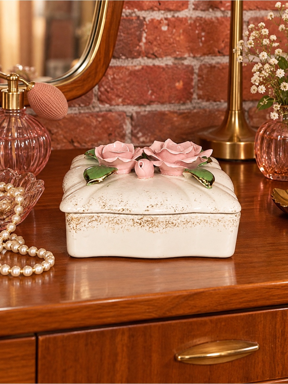 Vintage MCM Lefton pink and White porcelain with Appliqué Roses